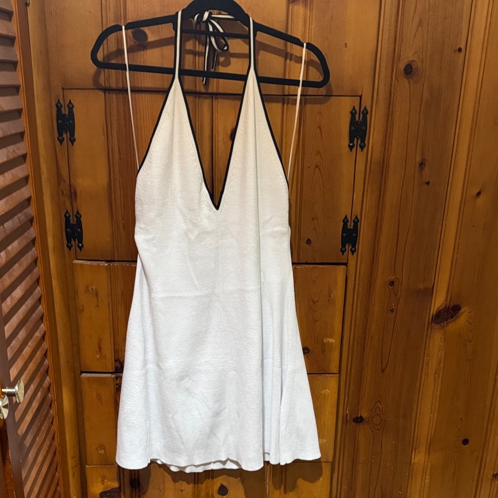 Wild Fable White Backless Halter Dress with Black Trim